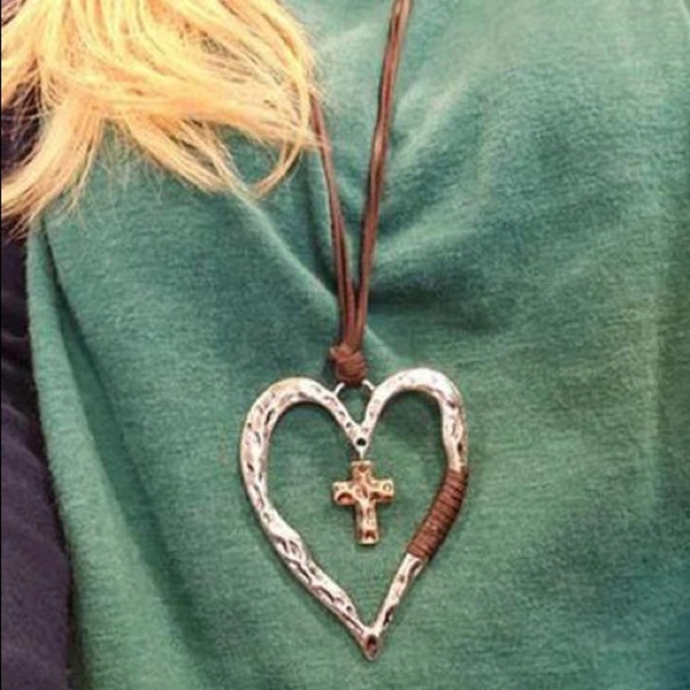Hammered silver brass cross leather cord necklace